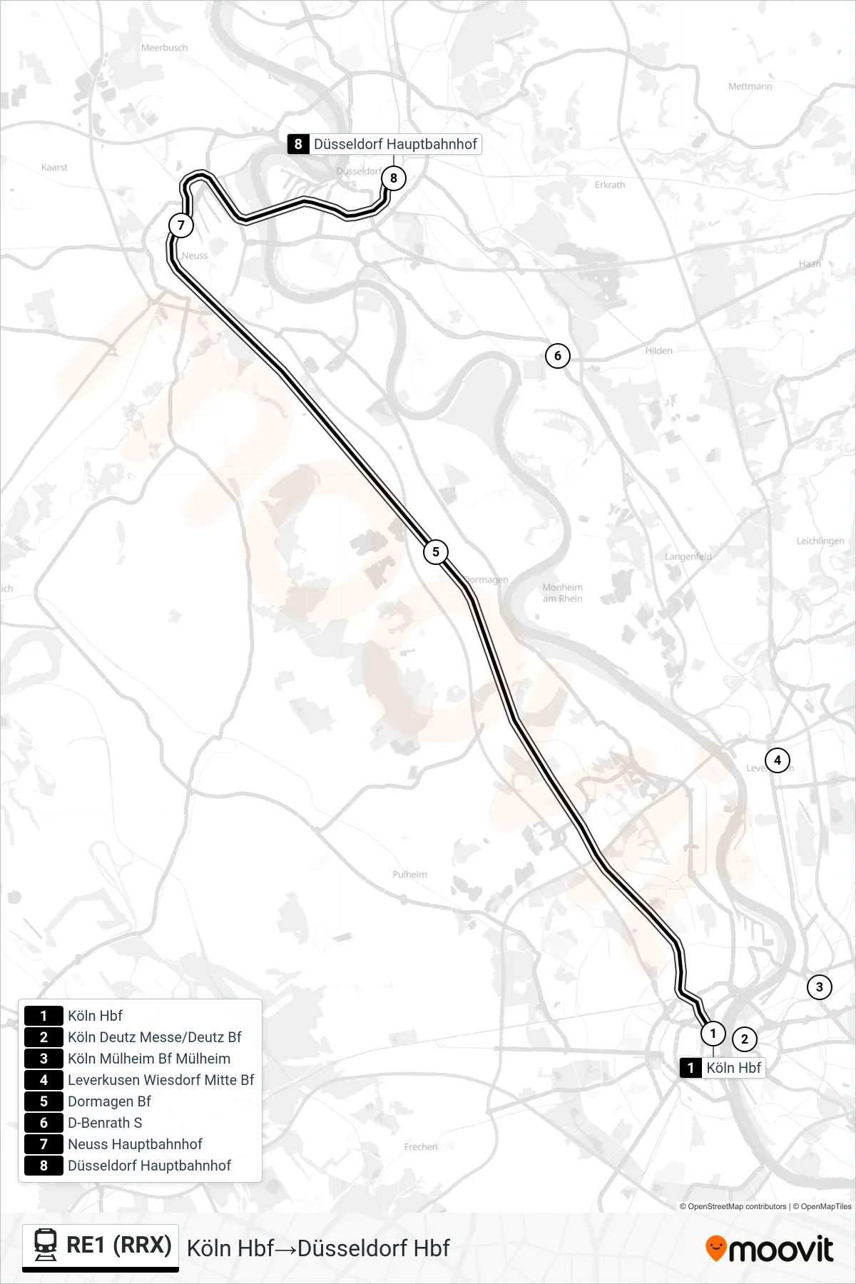 RE1 (RRX) train Line (Köln Hbf‎→Düsseldorf Hbf) route and stops on a map
