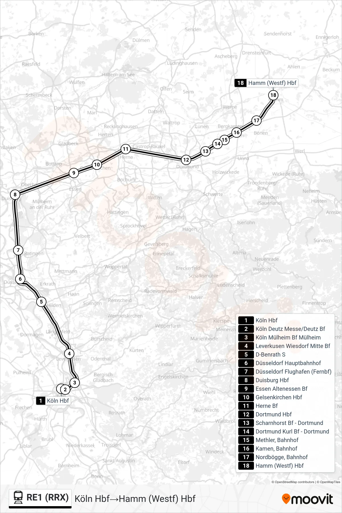 RE1 (RRX) train Line (Köln Hbf‎→Hamm (Westf) Hbf) route and stops on a map