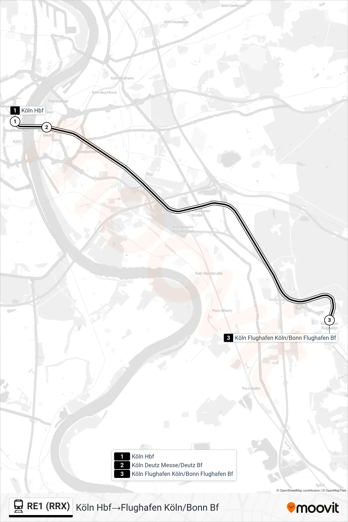 RE1 (RRX) train Line (Köln Hbf→Flughafen Köln/Bonn Bf) route and stops on a map