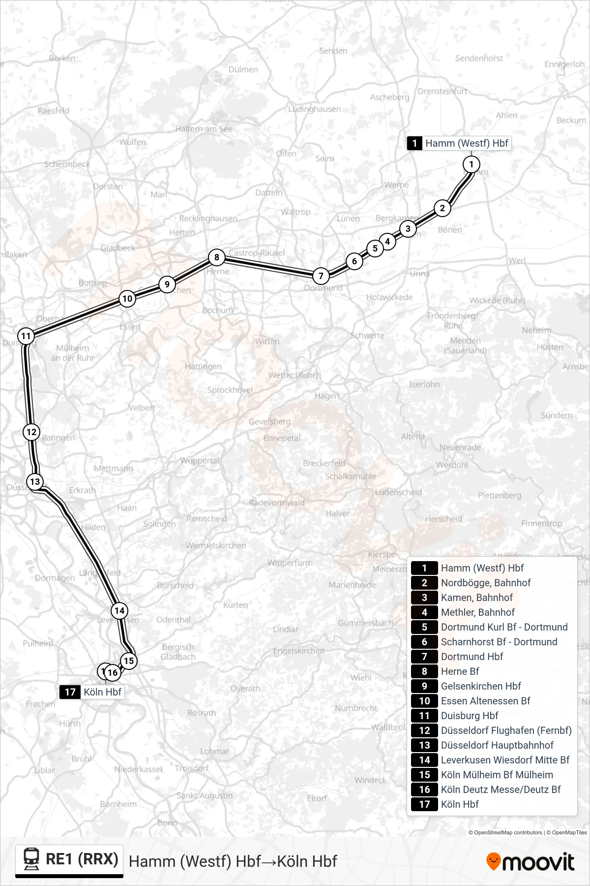 RE1 (RRX) train Line (Hamm (Westf) Hbf‎→Köln Hbf) route and stops on a map