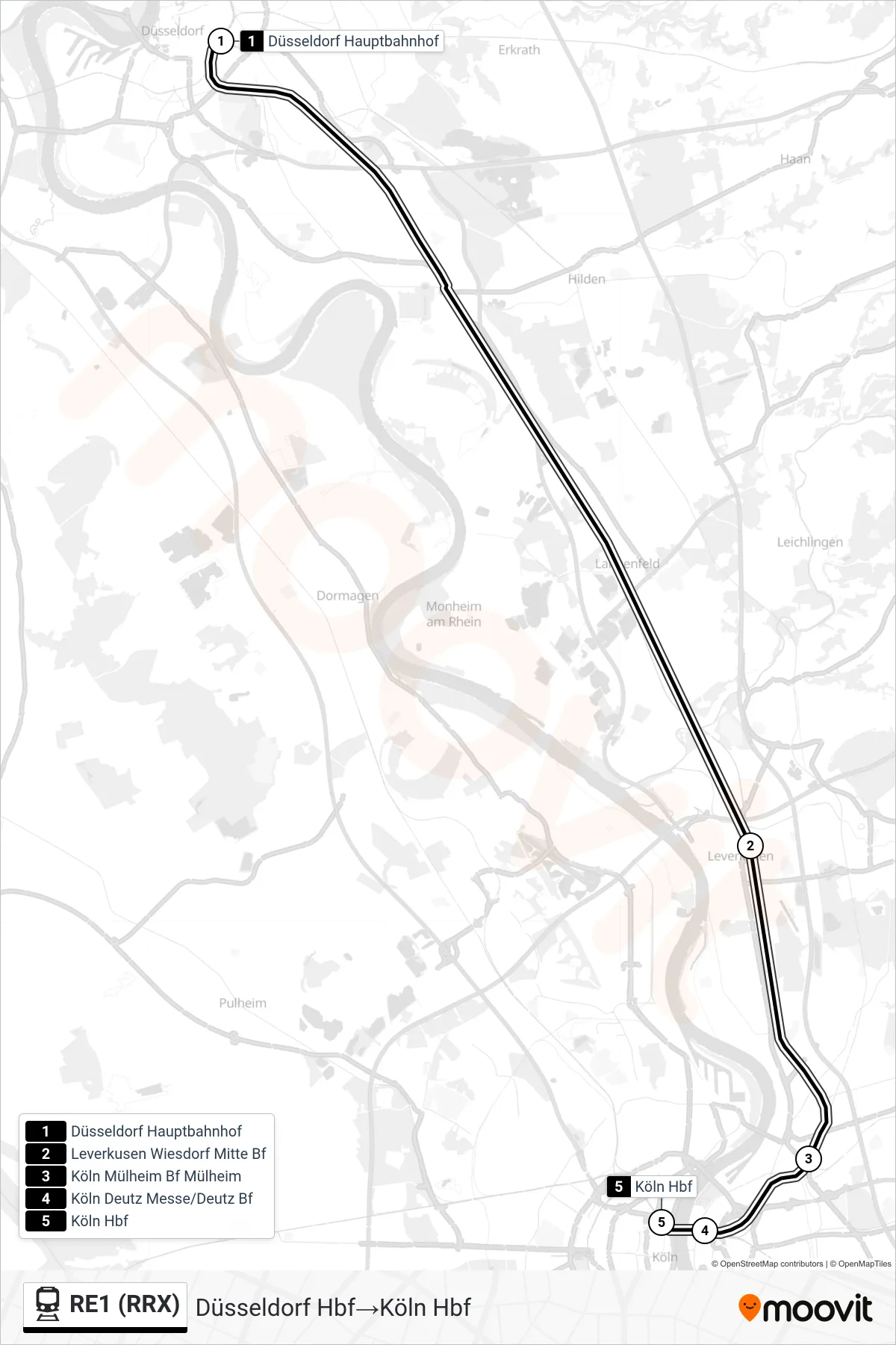 RE1 (RRX) train Line (Düsseldorf Hbf‎→Köln Hbf) route and stops on a map