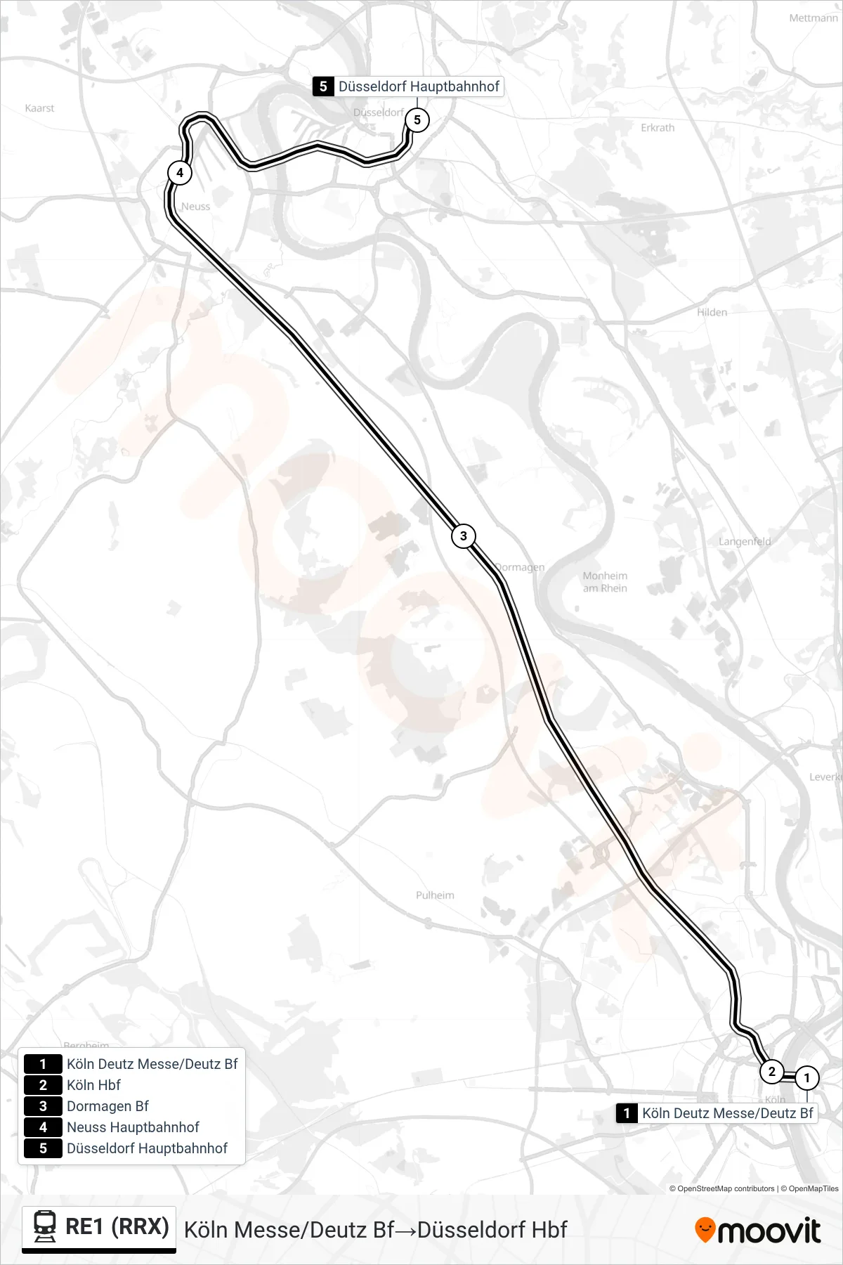 RE1 (RRX) train Line (Köln Messe/Deutz Bf→Düsseldorf Hbf) route and stops on a map