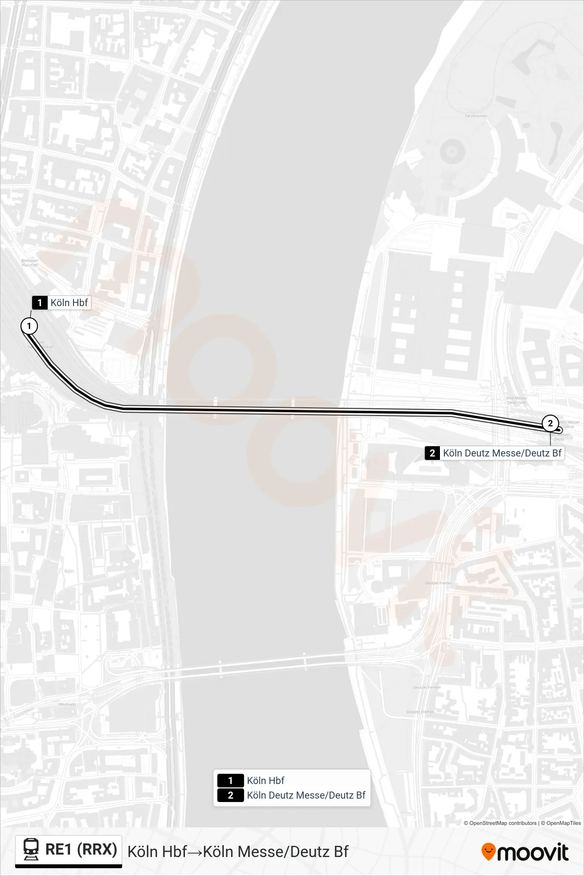 RE1 (RRX) train Line (Köln Hbf‎→Köln Messe/Deutz Bf) route and stops on a map