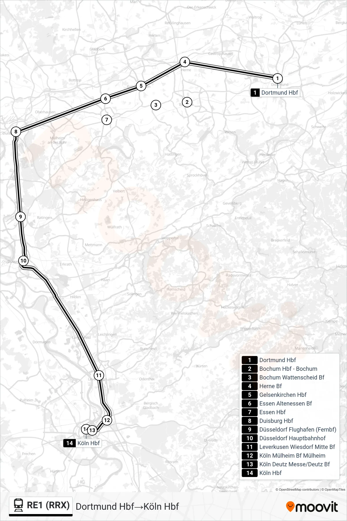 RE1 (RRX) train Line (Dortmund Hbf‎→Köln Hbf) route and stops on a map