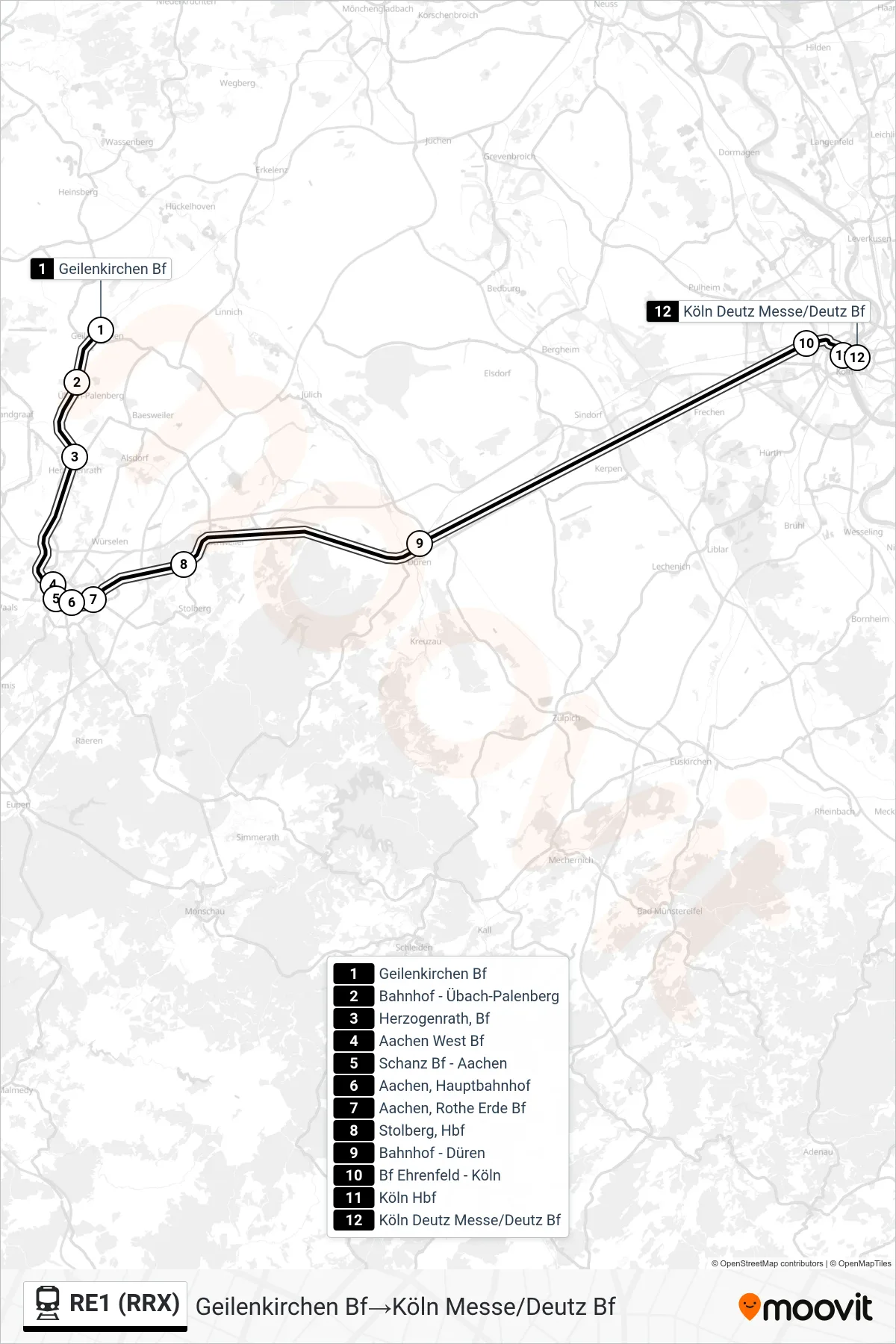 RE1 (RRX) train Line (Geilenkirchen Bf→Köln Messe/Deutz Bf) route and stops on a map