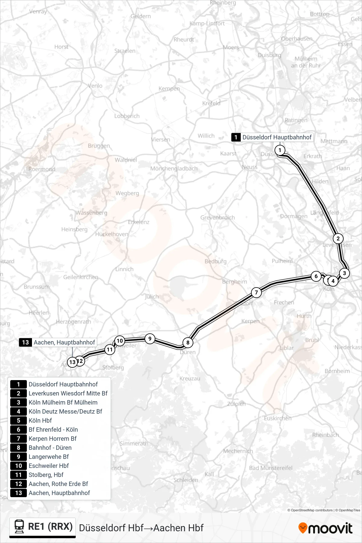 RE1 (RRX) train Line (Düsseldorf Hbf→Aachen Hbf) route and stops on a map