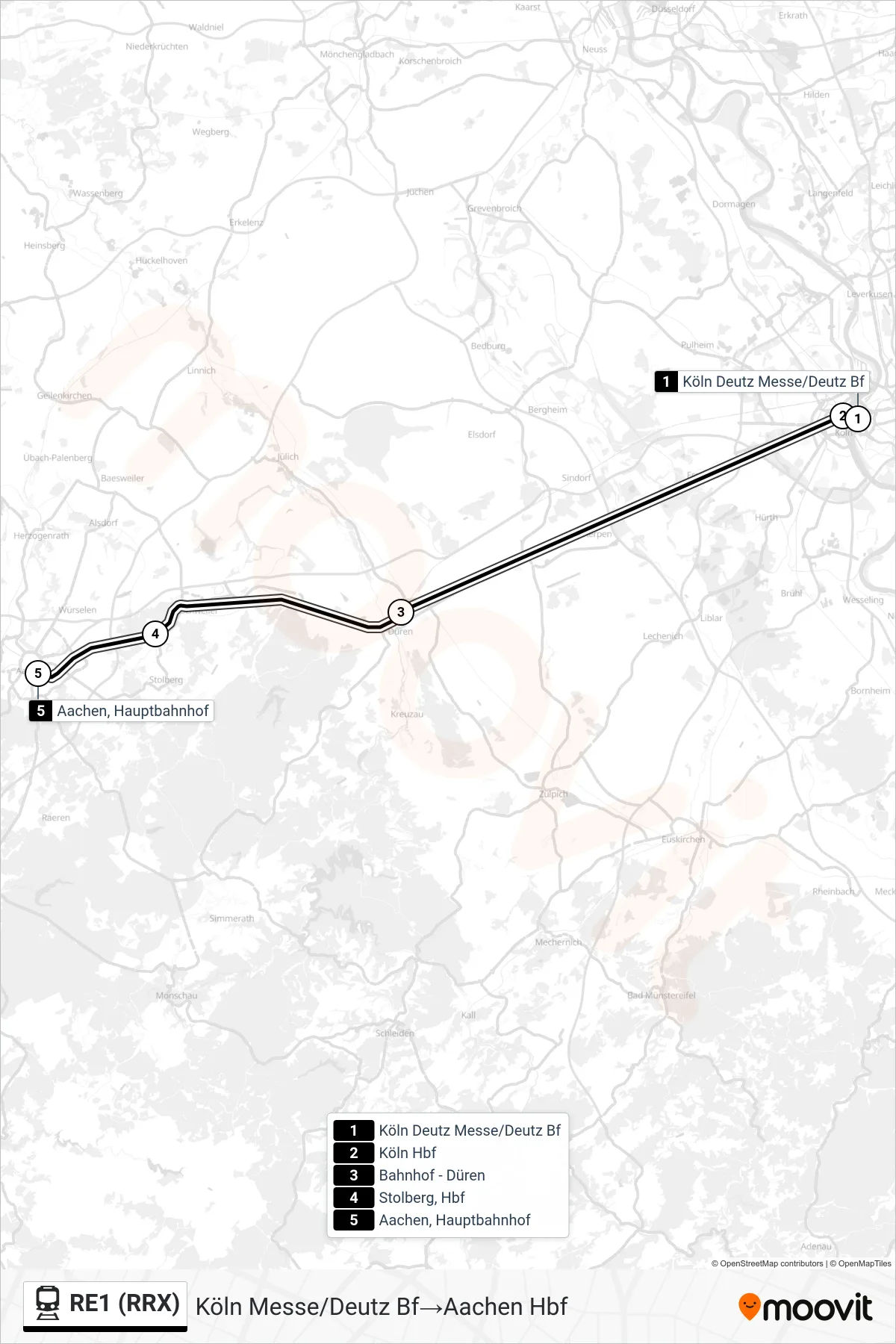 RE1 (RRX) train Line (Köln Messe/Deutz Bf→Aachen Hbf) route and stops on a map
