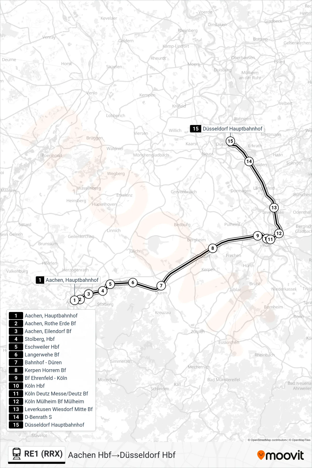 Linie RE1 (RRX) (Bahn) Richtung Aachen Hbf‎→Düsseldorf Hbf: Route und Haltestellen auf der Karte
