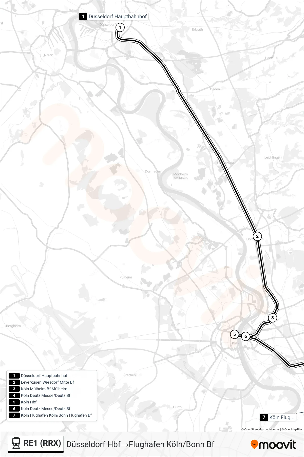 RE1 (RRX) train Line (Düsseldorf Hbf→Flughafen Köln/Bonn Bf) route and stops on a map