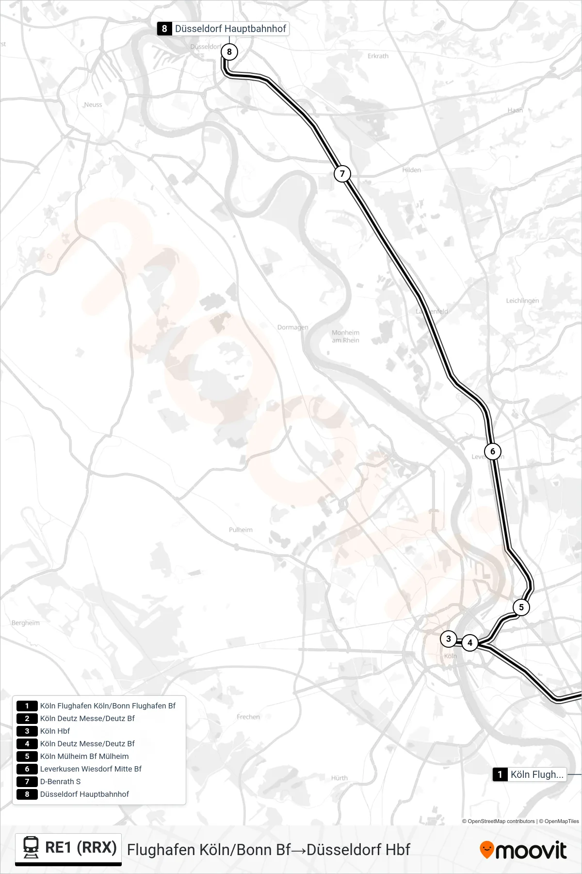 RE1 (RRX) train Line (Flughafen Köln/Bonn Bf‎→Düsseldorf Hbf) route and stops on a map