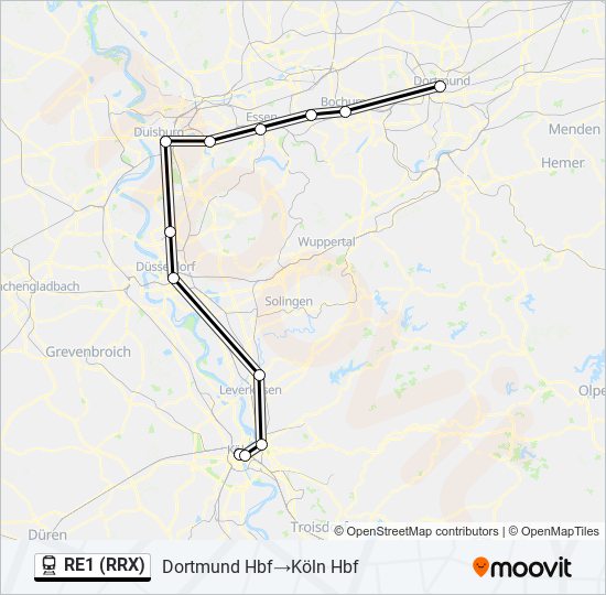 Поезд RE1 (RRX): карта маршрута