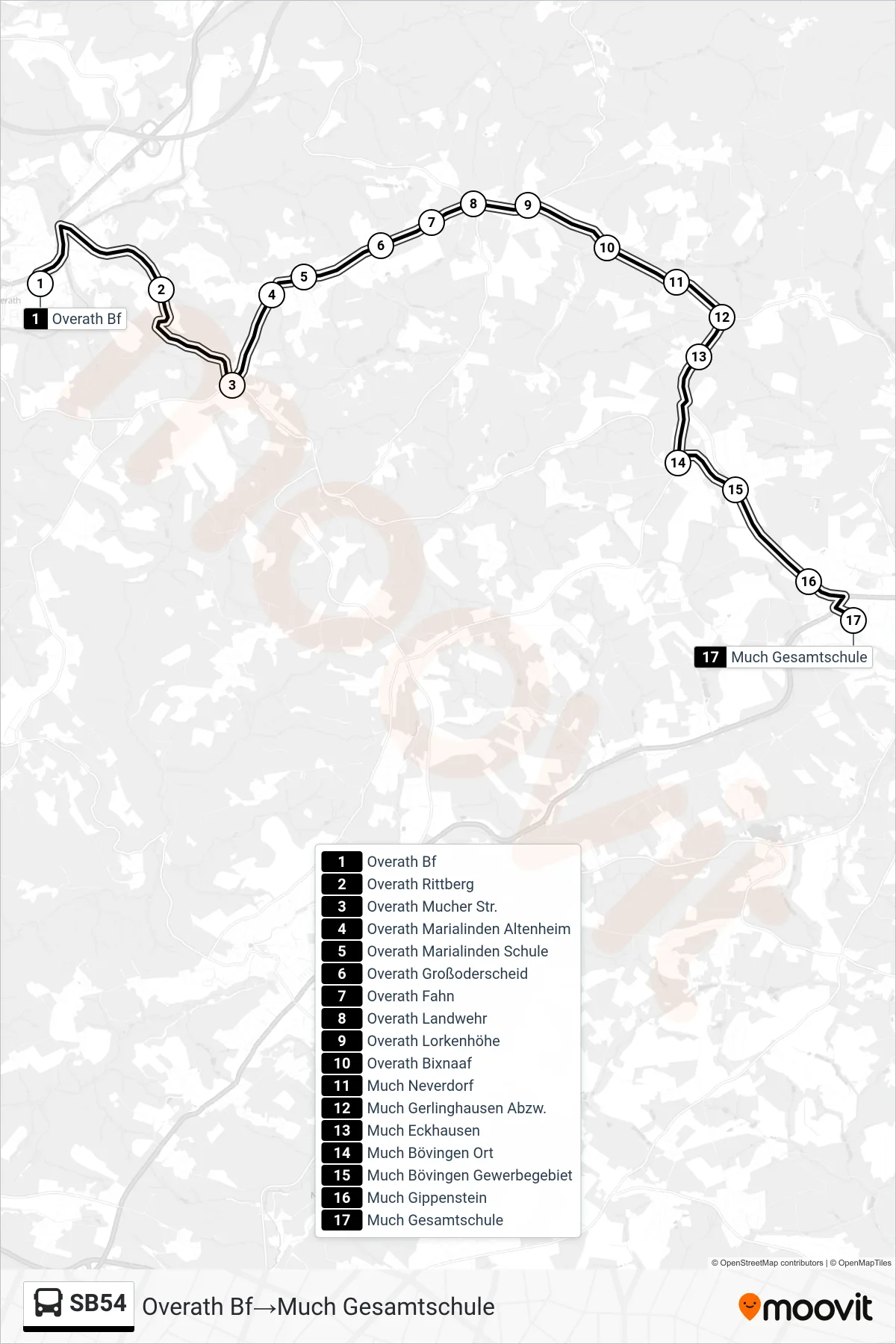 Linie SB54 (Bus) Richtung Overath Bf→Much Gesamtschule: Route und Haltestellen auf der Karte