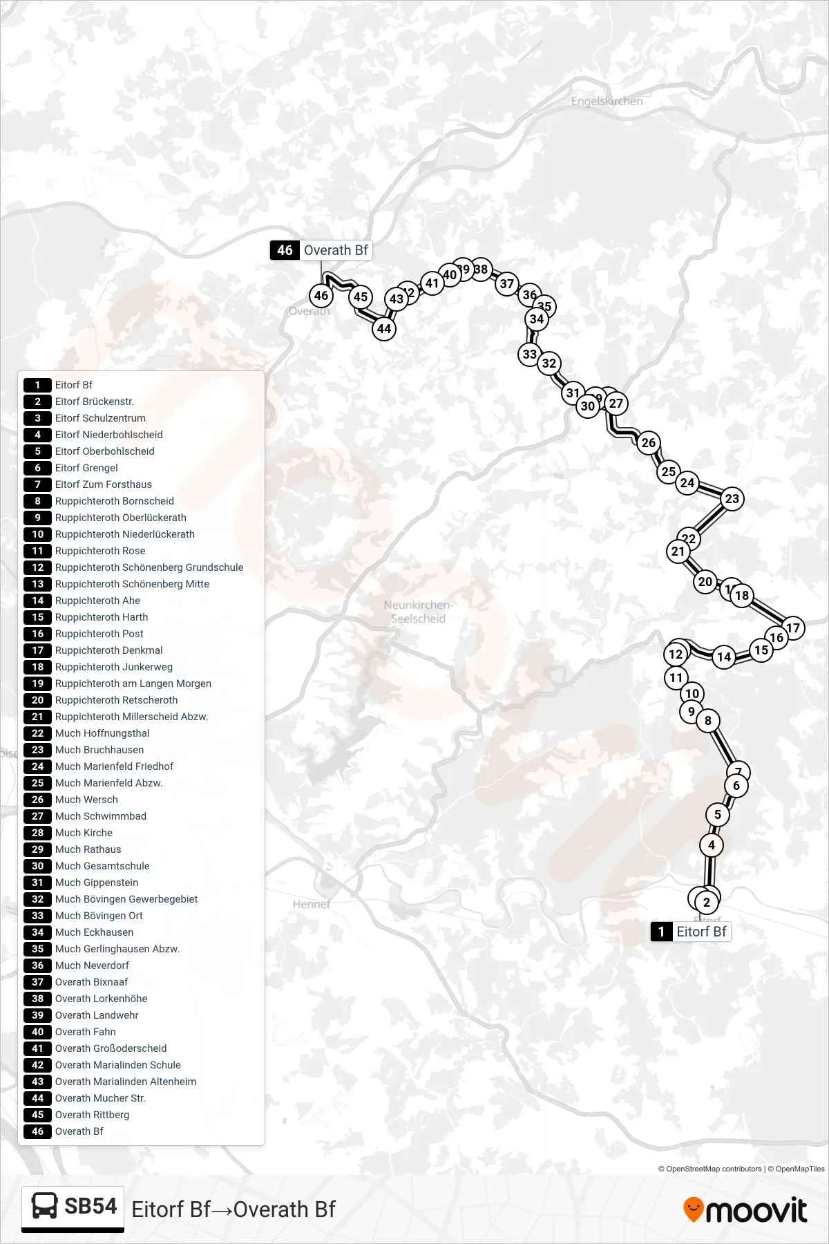 Linie SB54 (Bus) Richtung Eitorf Bf‎→Overath Bf: Route und Haltestellen auf der Karte