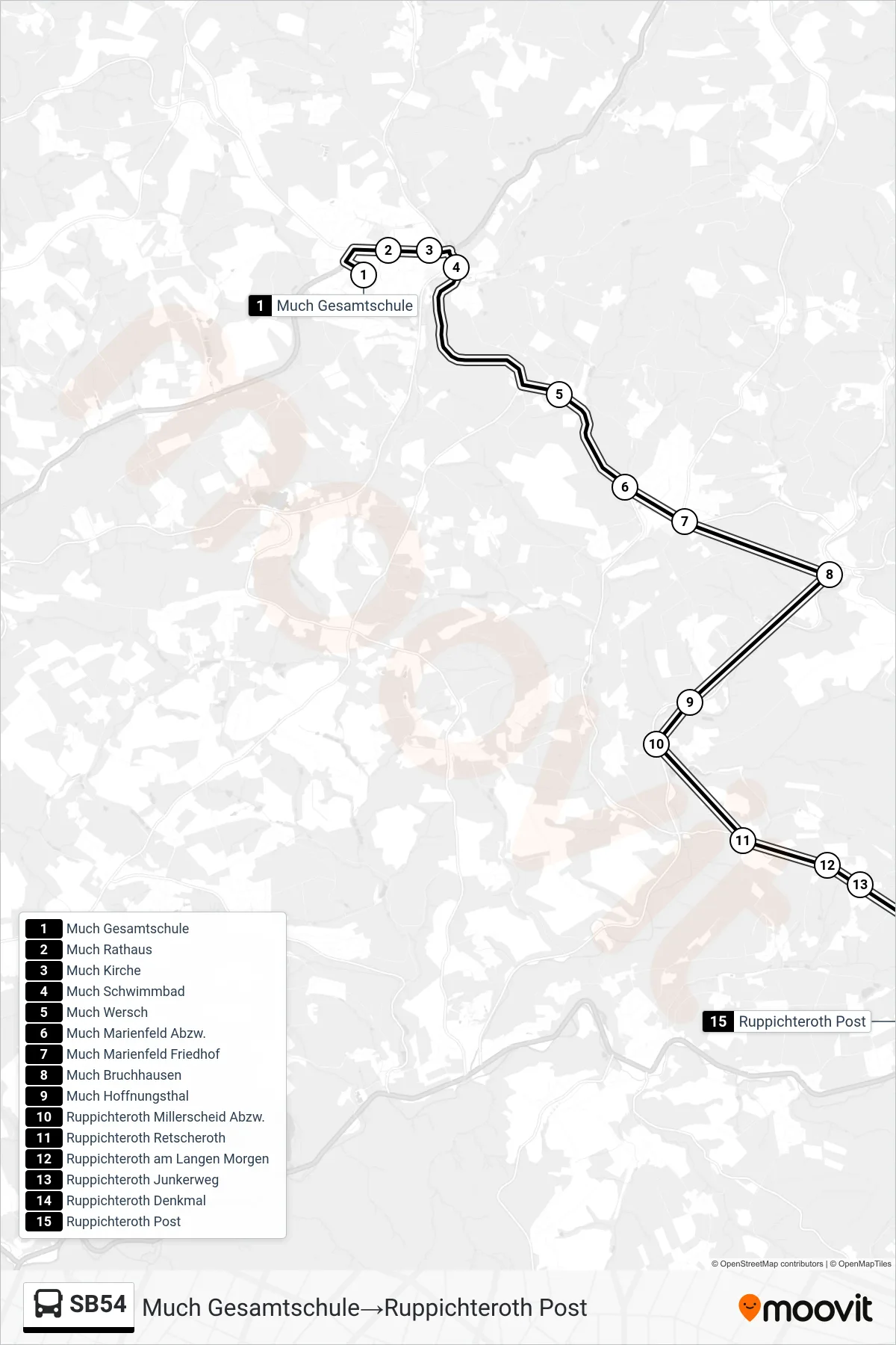 SB54 bus Line (Much Gesamtschule‎→Ruppichteroth Post) route and stops on a map