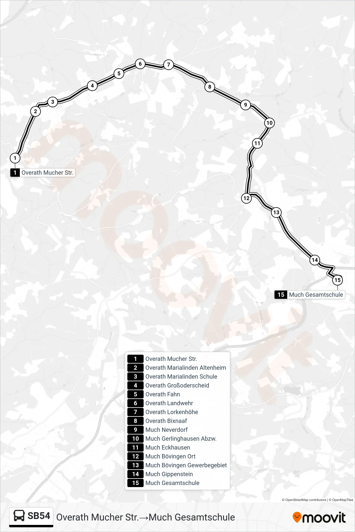 Linie SB54 (Bus) Richtung Overath Mucher Str.‎→Much Gesamtschule: Route und Haltestellen auf der Karte