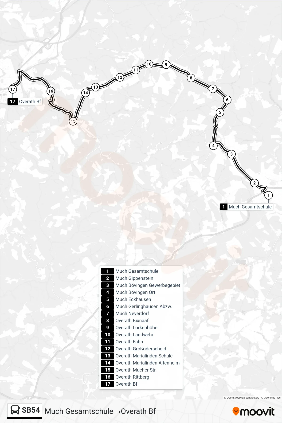 Linie SB54 (Bus) Richtung Much Gesamtschule‎→Overath Bf: Route und Haltestellen auf der Karte