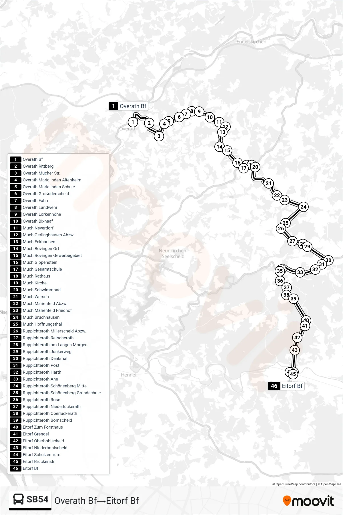 Linie SB54 (Bus) Richtung Overath Bf→Eitorf Bf: Route und Haltestellen auf der Karte