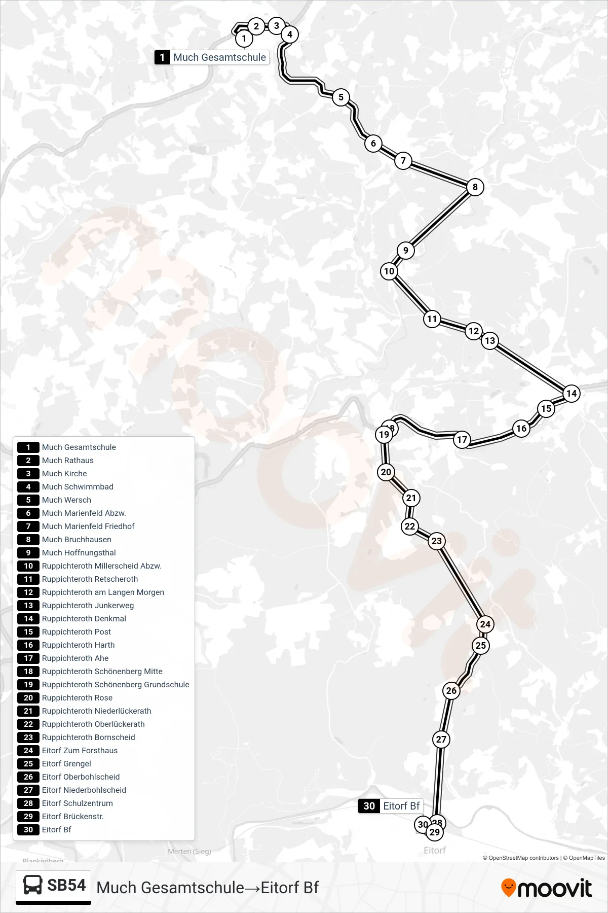 Linie SB54 (Bus) Richtung Much Gesamtschule→Eitorf Bf: Route und Haltestellen auf der Karte