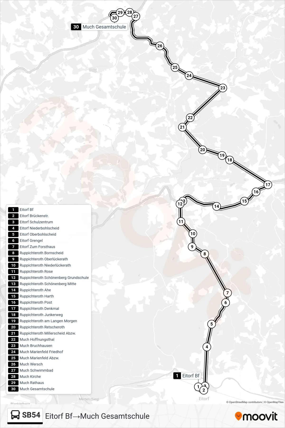 Linie SB54 (Bus) Richtung Eitorf Bf‎→Much Gesamtschule: Route und Haltestellen auf der Karte