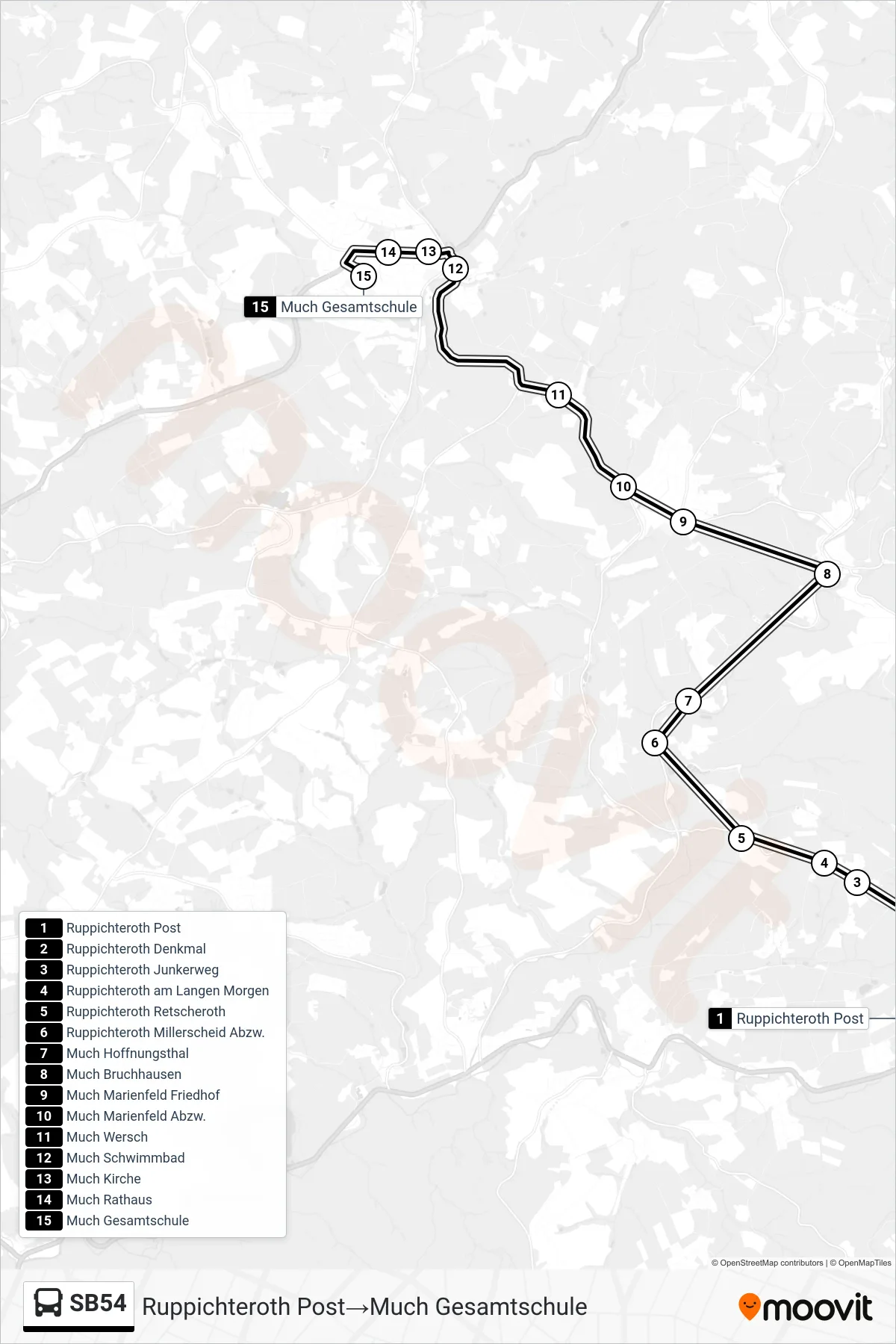 Linie SB54 (Bus) Richtung Ruppichteroth Post→Much Gesamtschule: Route und Haltestellen auf der Karte