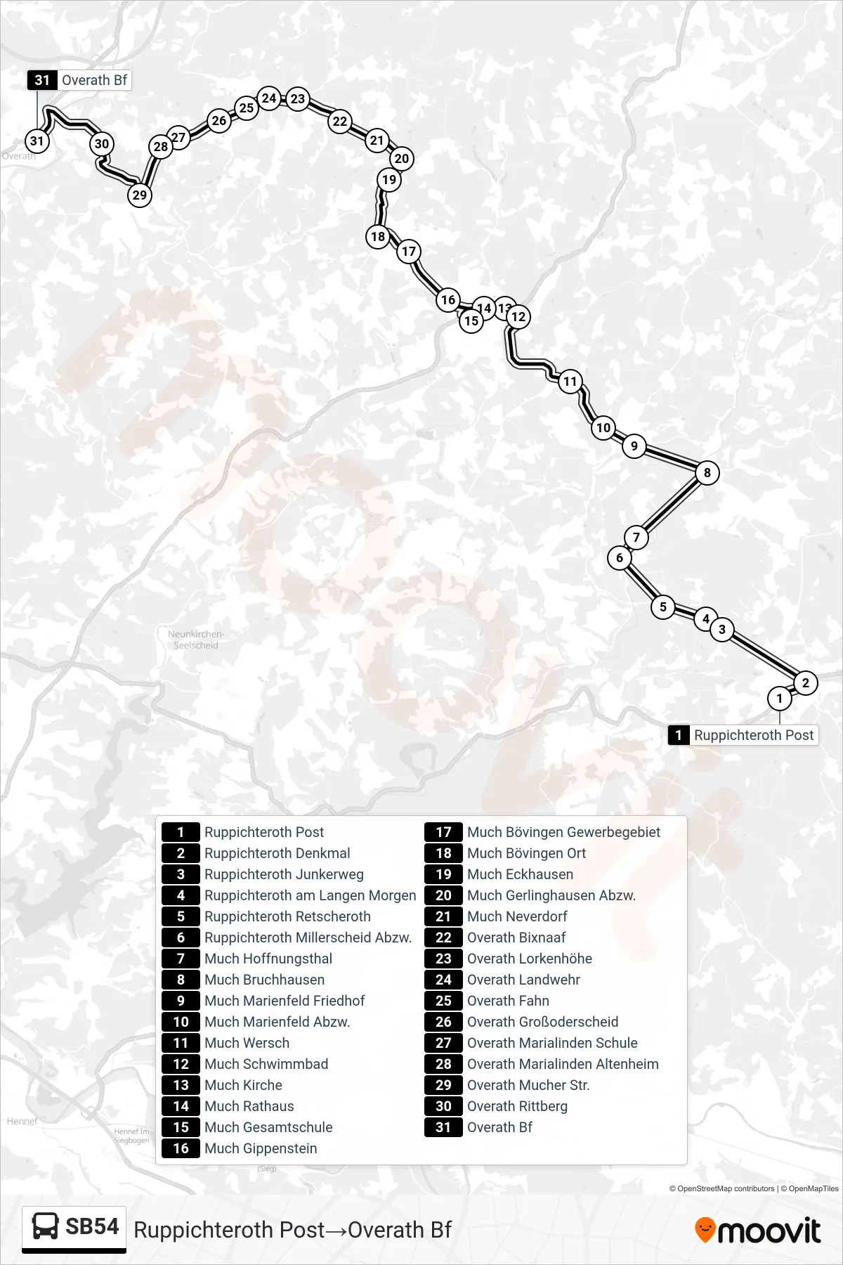 Linie SB54 (Bus) Richtung Ruppichteroth Post→Overath Bf: Route und Haltestellen auf der Karte