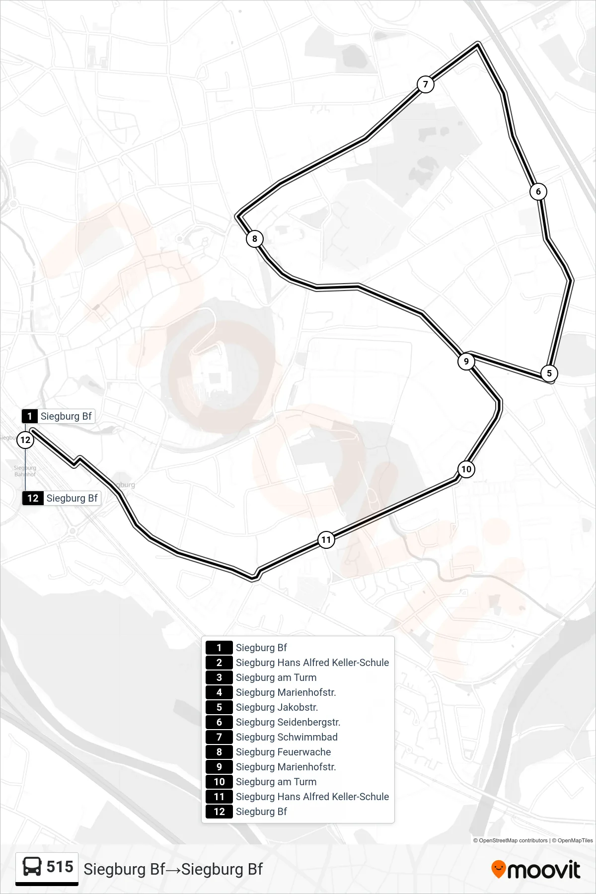 Linie 515 (Bus) Richtung Siegburg Bf→Siegburg Bf: Route und Haltestellen auf der Karte