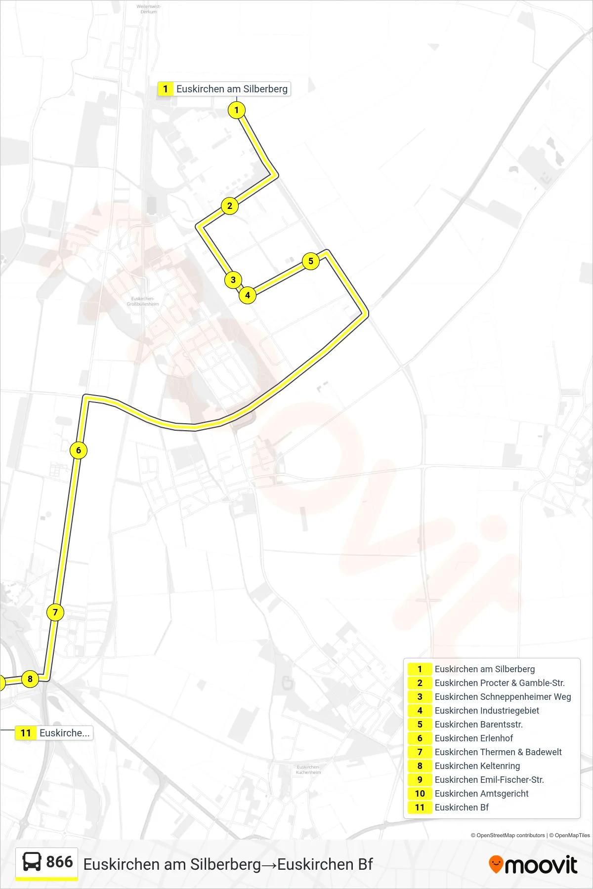 Linie 866 (Bus) Richtung Euskirchen am Silberberg→Euskirchen Bf: Route und Haltestellen auf der Karte