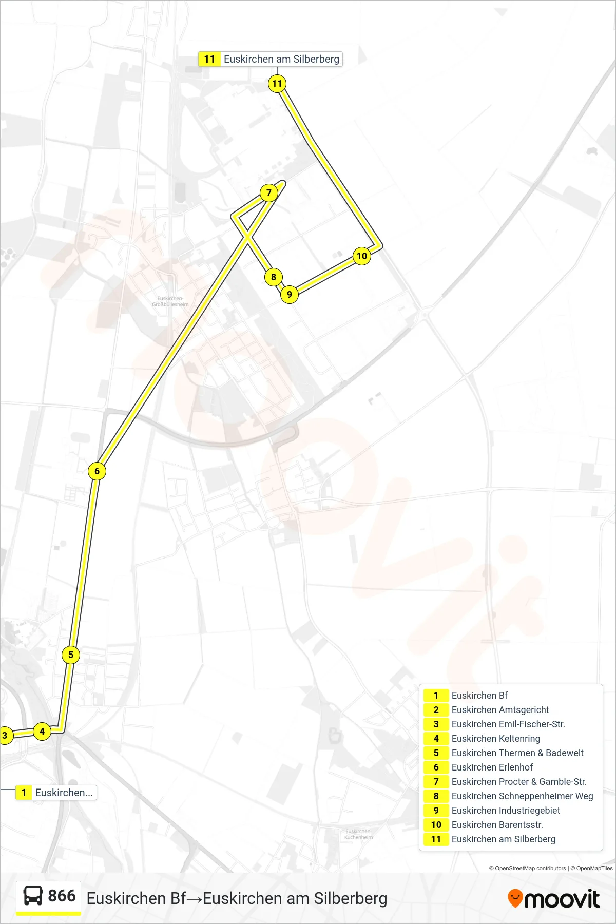 Linie 866 (Bus) Richtung Euskirchen Bf‎→Euskirchen am Silberberg: Route und Haltestellen auf der Karte