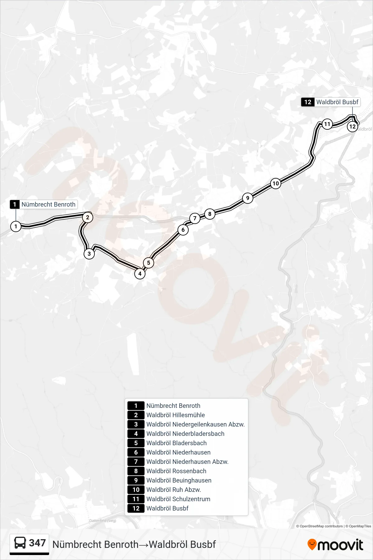 Linie 347 (Bus) Richtung Nümbrecht Benroth‎→Waldbröl Busbf: Route und Haltestellen auf der Karte