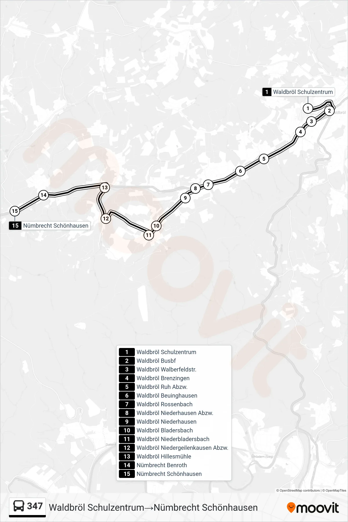 347 bus Line (Waldbröl Schulzentrum‎→Nümbrecht Schönhausen) route and stops on a map