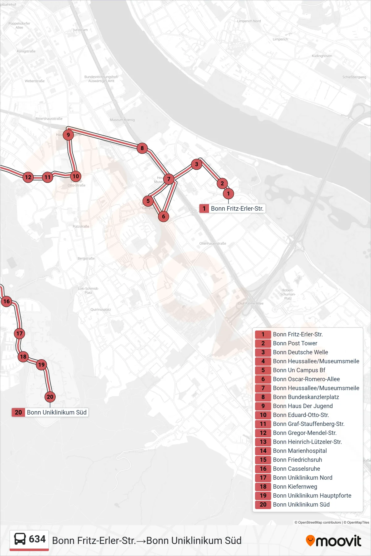 Linie 634 (Bus) Richtung Bonn Fritz-Erler-Str.→Bonn Uniklinikum Süd: Route und Haltestellen auf der Karte