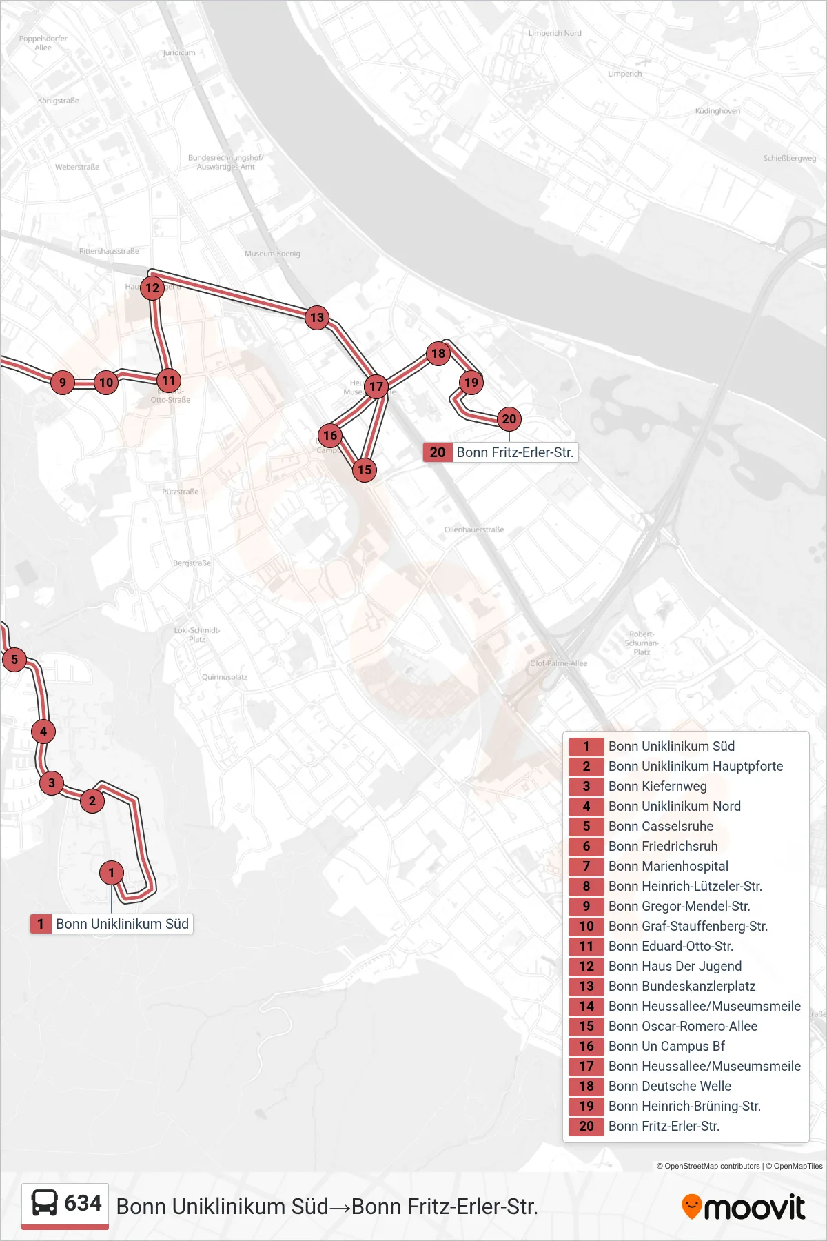 Linie 634 (Bus) Richtung Bonn Uniklinikum Süd→Bonn Fritz-Erler-Str.: Route und Haltestellen auf der Karte