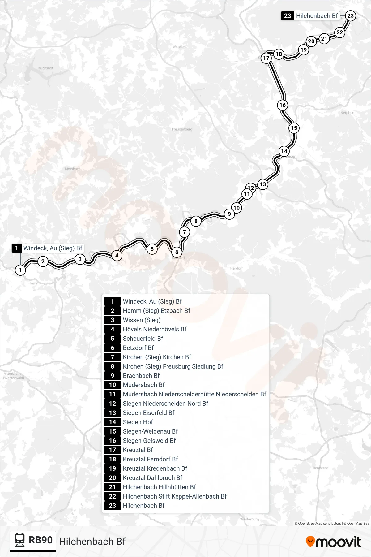 RB90 train Line (Hilchenbach Bf) route and stops on a map
