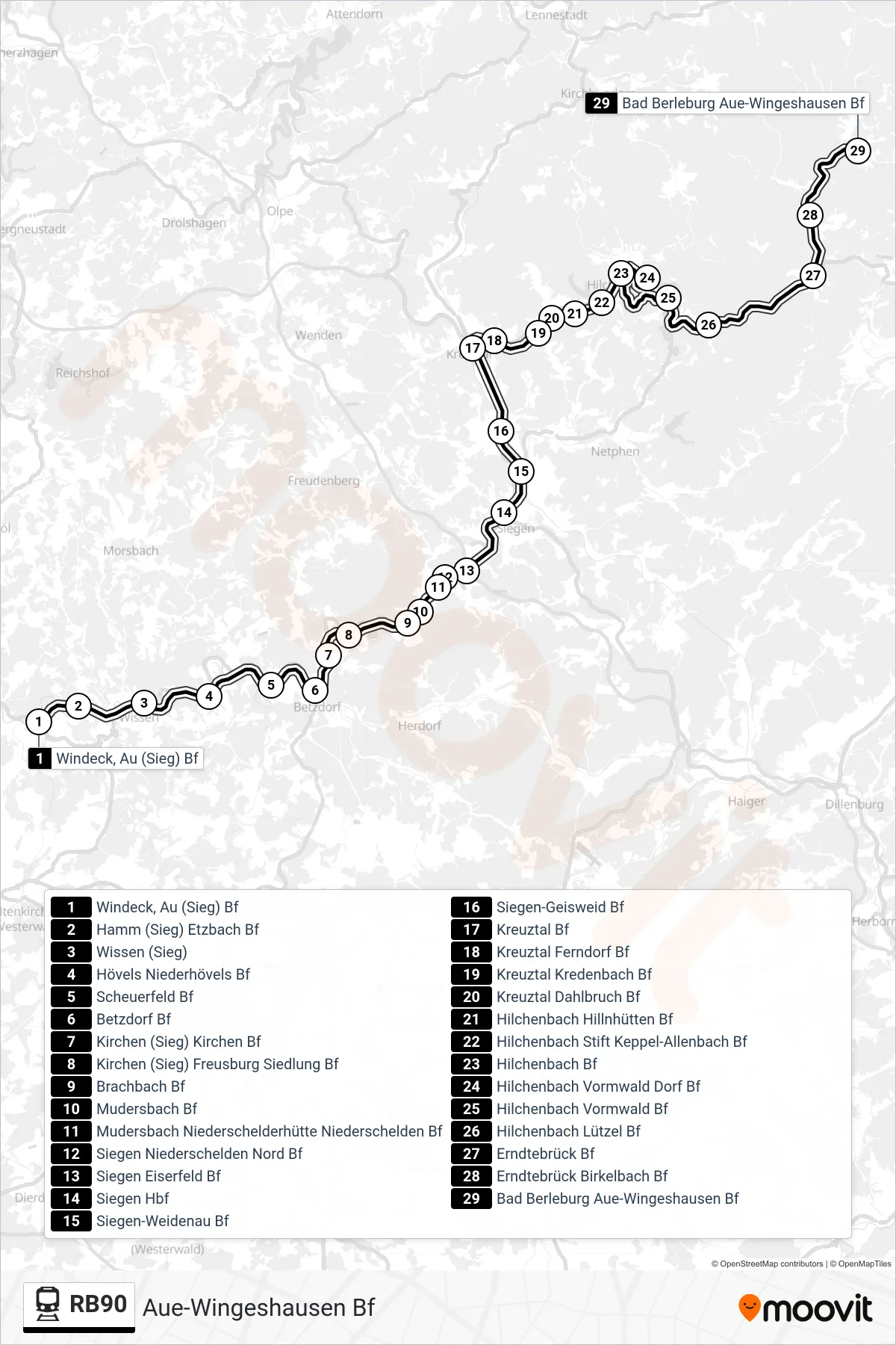 RB90 train Line (Aue-Wingeshausen Bf) route and stops on a map