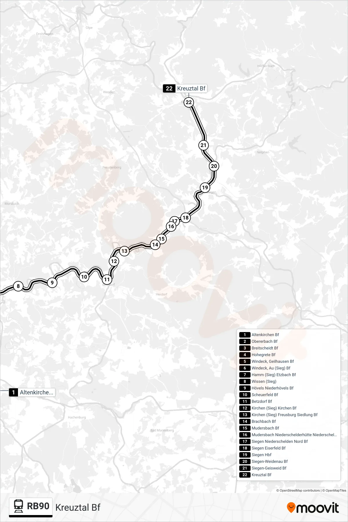 Linie RB90 (Bahn) Richtung Kreuztal Bf: Route und Haltestellen auf der Karte