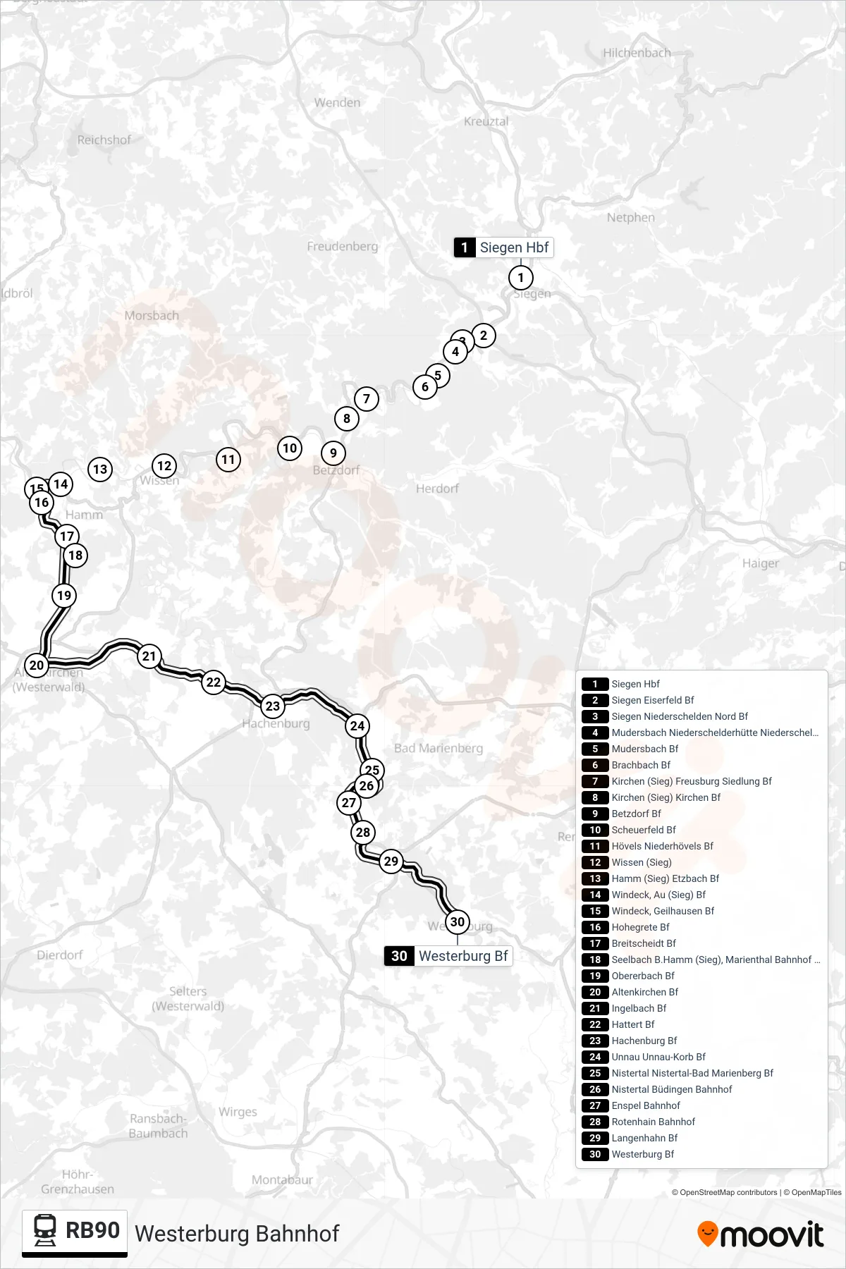 RB90 train Line (Westerburg Bahnhof) route and stops on a map