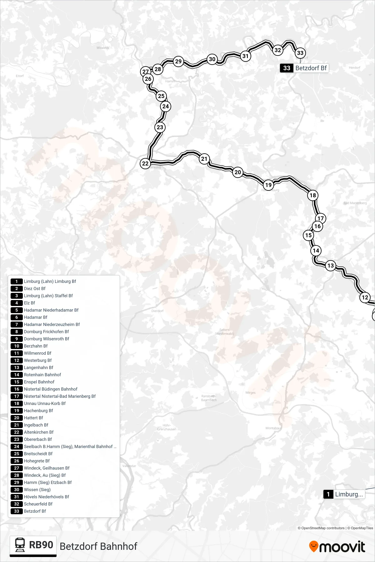 RB90 train Line (Betzdorf Bahnhof) route and stops on a map