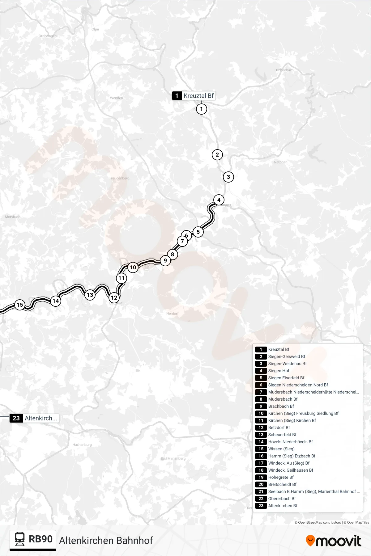 Linie RB90 (Bahn) Richtung Altenkirchen Bahnhof: Route und Haltestellen auf der Karte