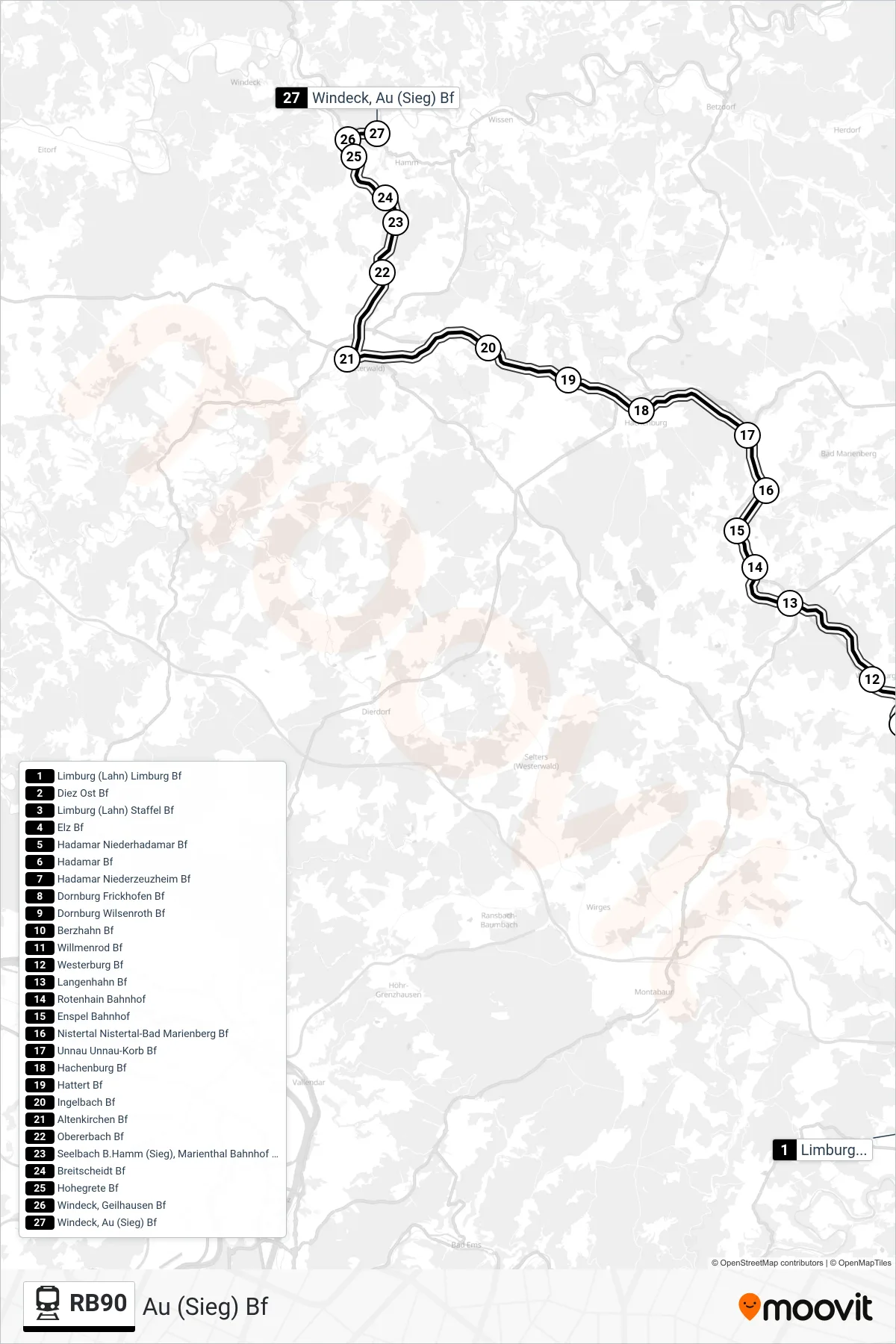 RB90 train Line (Au (Sieg) Bf) route and stops on a map