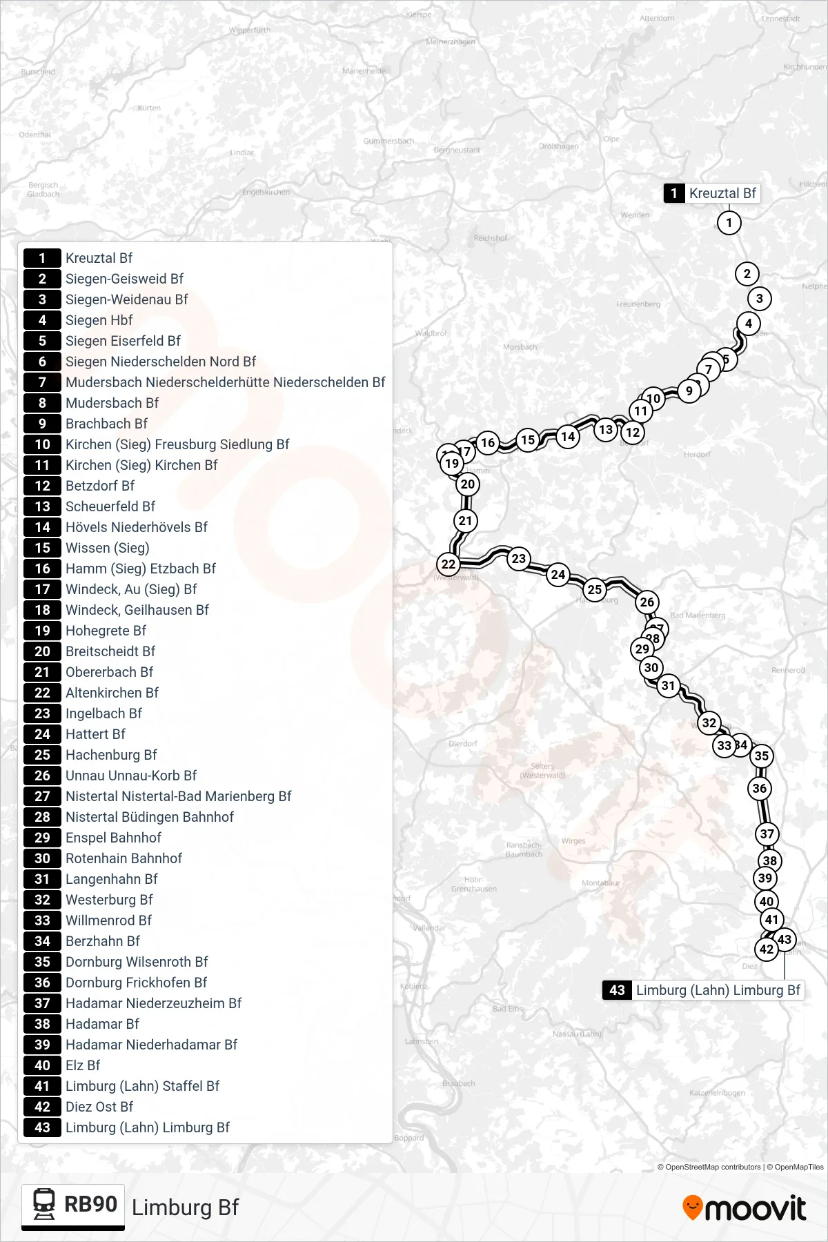 RB90 train Line (Limburg Bf) route and stops on a map