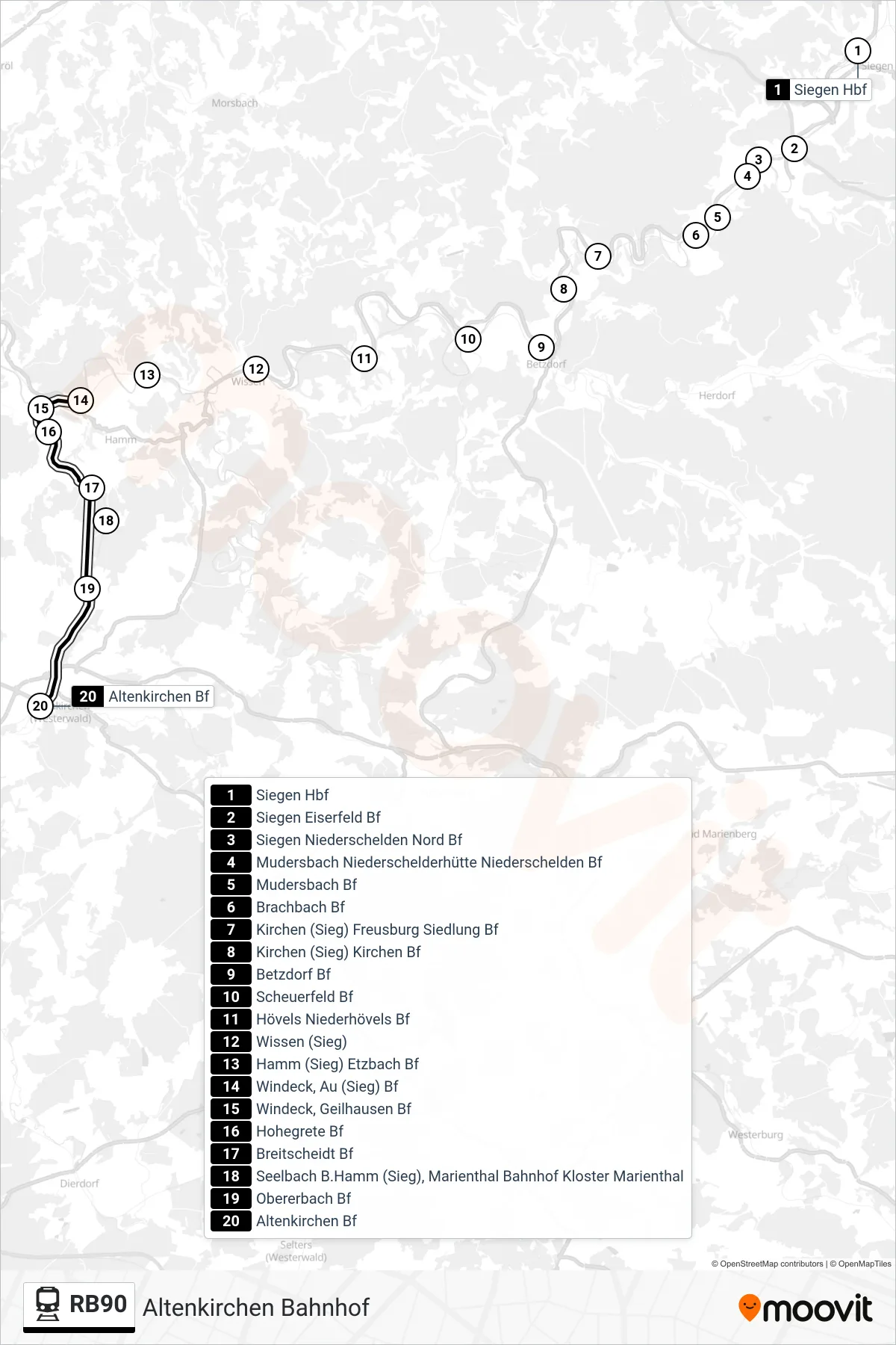 RB90 train Line (Altenkirchen Bahnhof) route and stops on a map