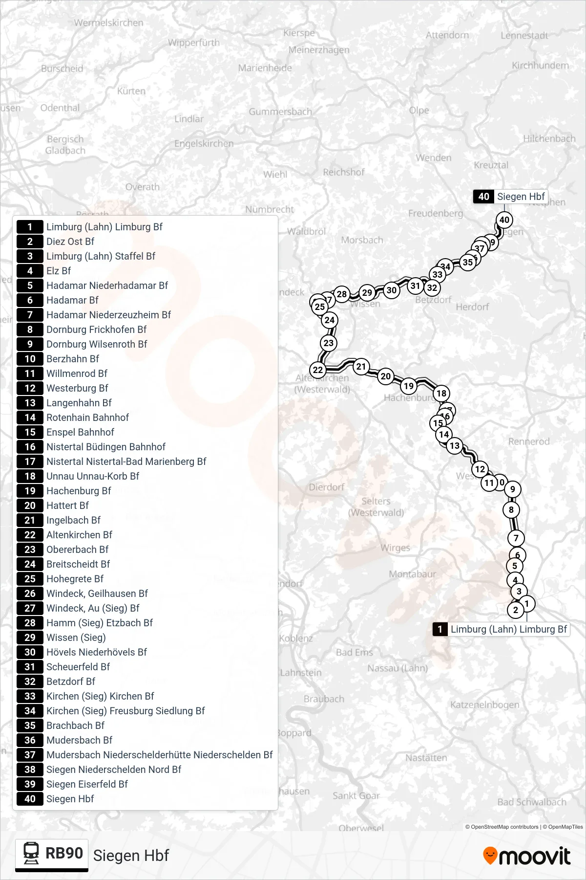 RB90 rail Line (Siegen Hbf) route and stops on a map