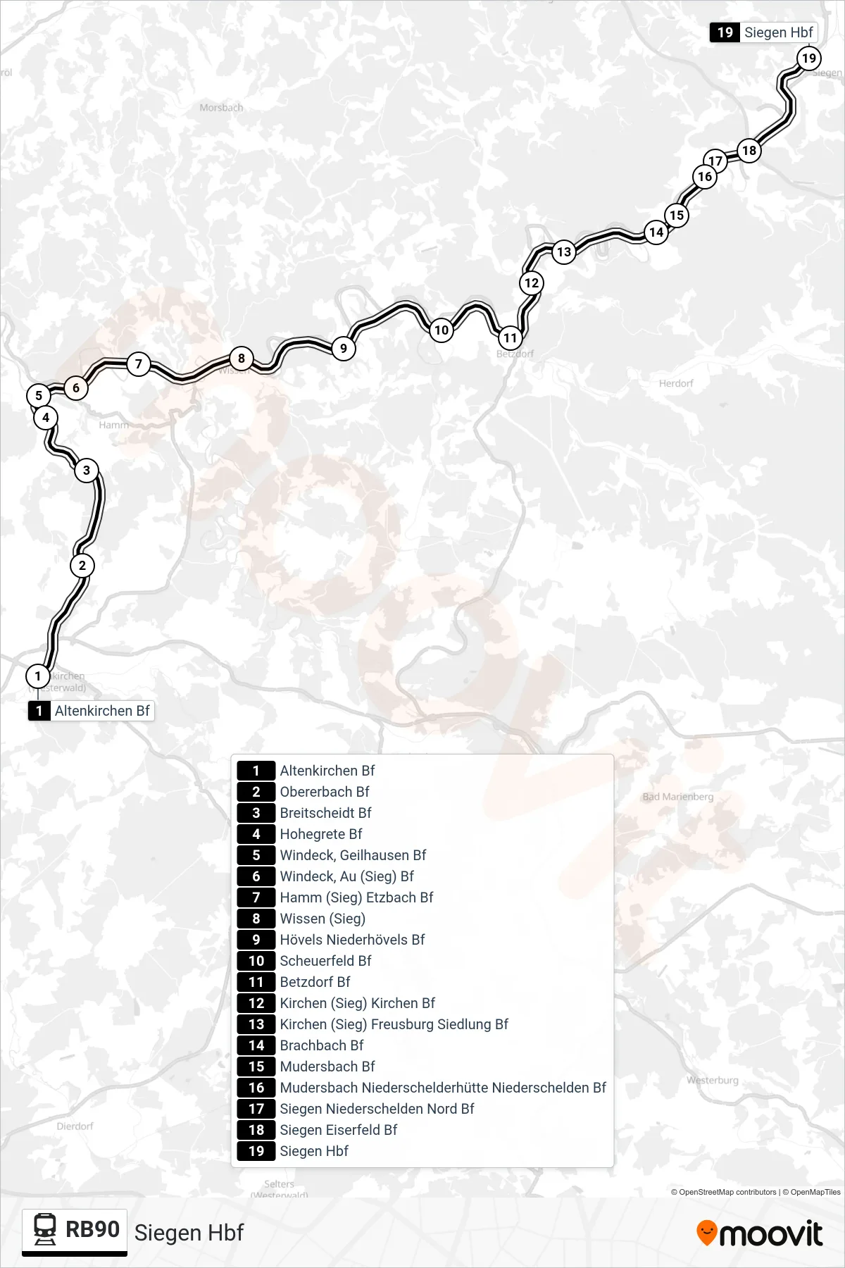 RB90 rail Line (Siegen Hbf) route and stops on a map