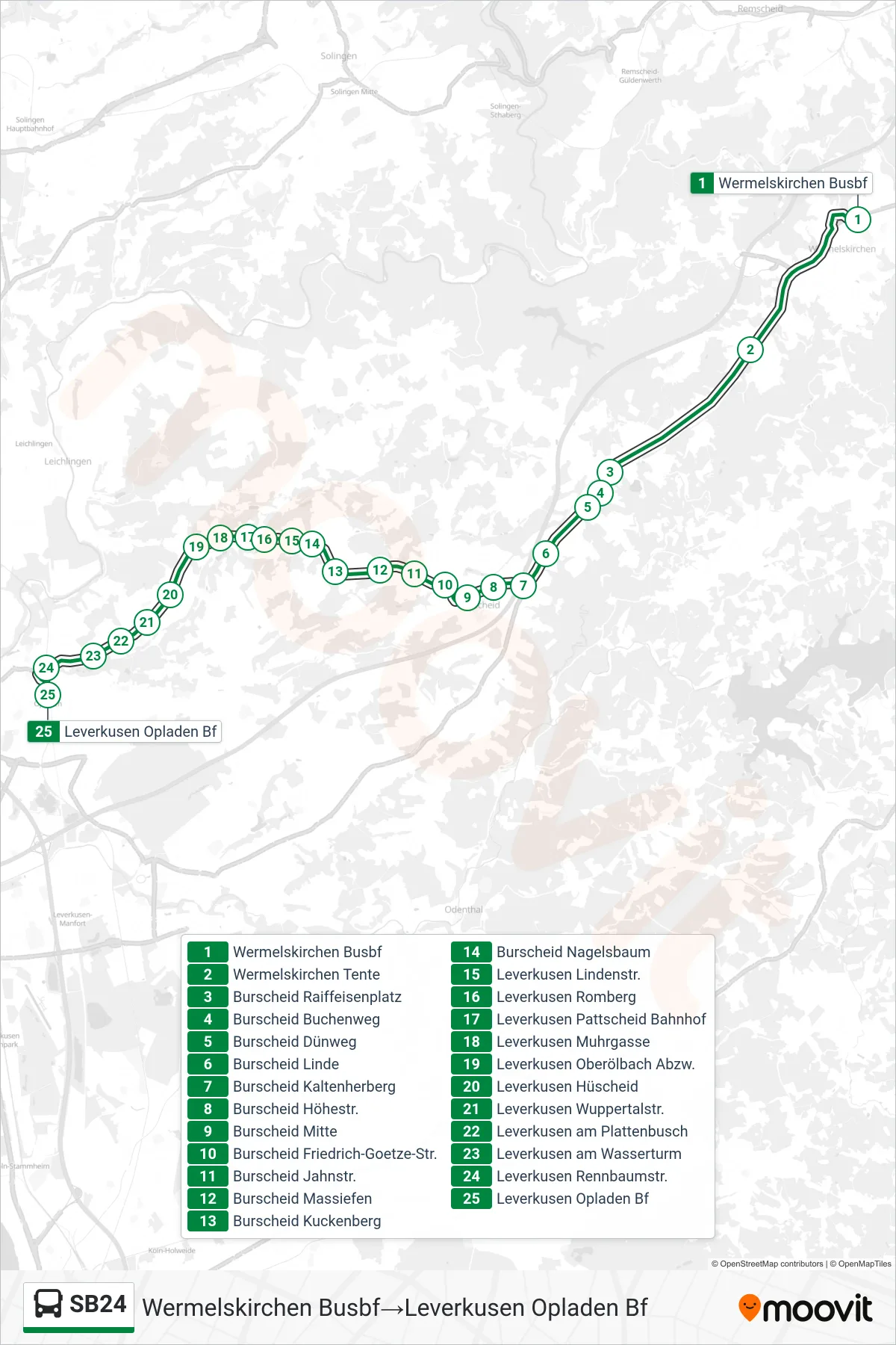 SB24 bus Line (Wermelskirchen Busbf‎→Leverkusen Opladen Bf) route and stops on a map