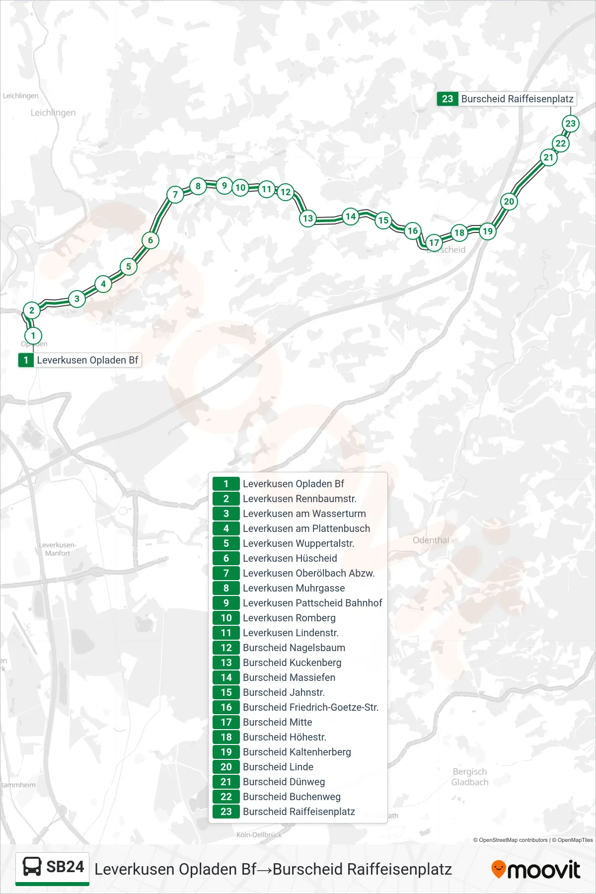 Linie SB24 (Bus) Richtung Leverkusen Opladen Bf‎→Burscheid Raiffeisenplatz: Route und Haltestellen auf der Karte