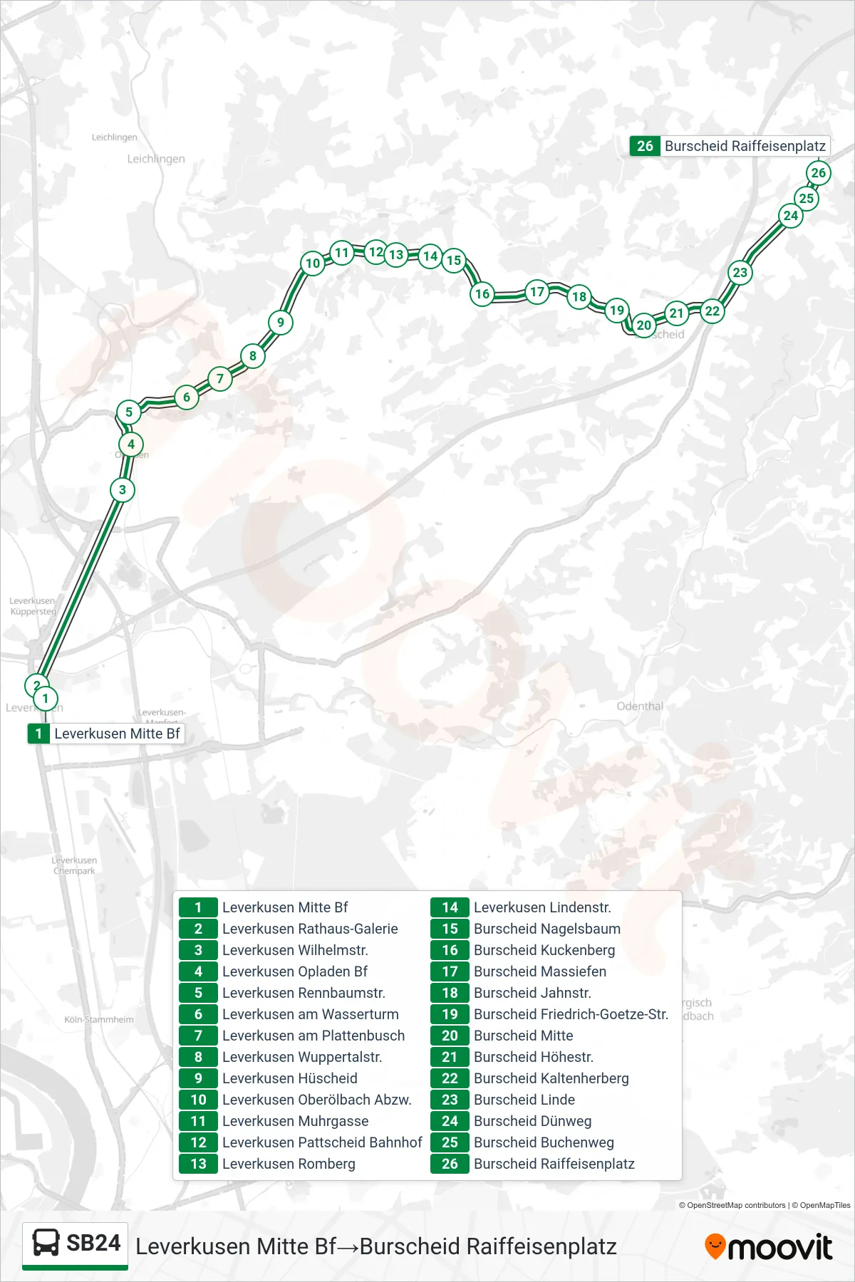 SB24 bus Line (Leverkusen Mitte Bf→Burscheid Raiffeisenplatz) route and stops on a map