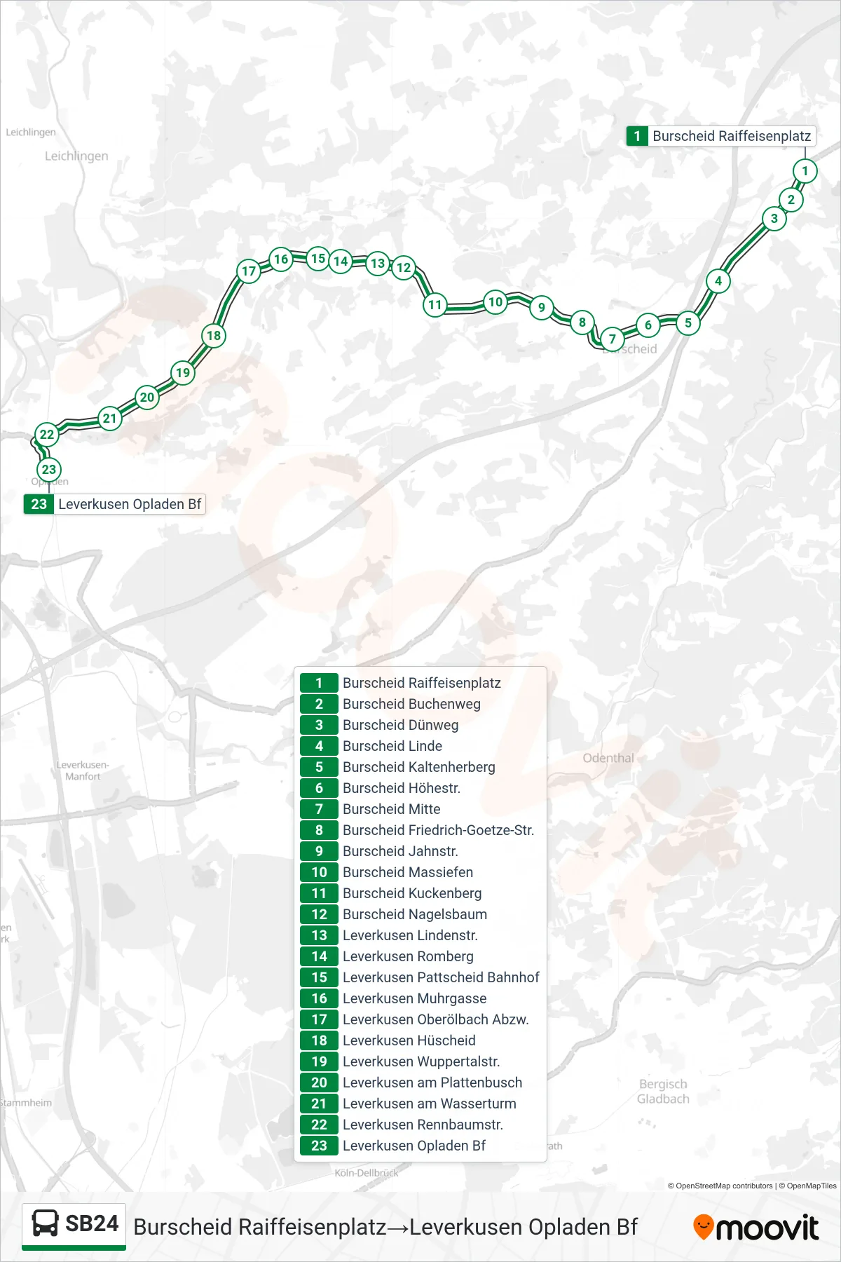 Linie SB24 (Bus) Richtung Burscheid Raiffeisenplatz‎→Leverkusen Opladen Bf: Route und Haltestellen auf der Karte