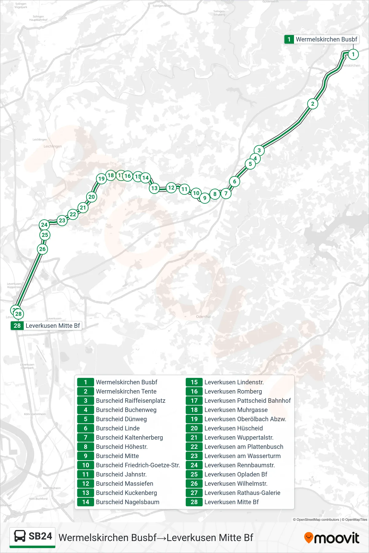 Linie SB24 (Bus) Richtung Wermelskirchen Busbf→Leverkusen Mitte Bf: Route und Haltestellen auf der Karte