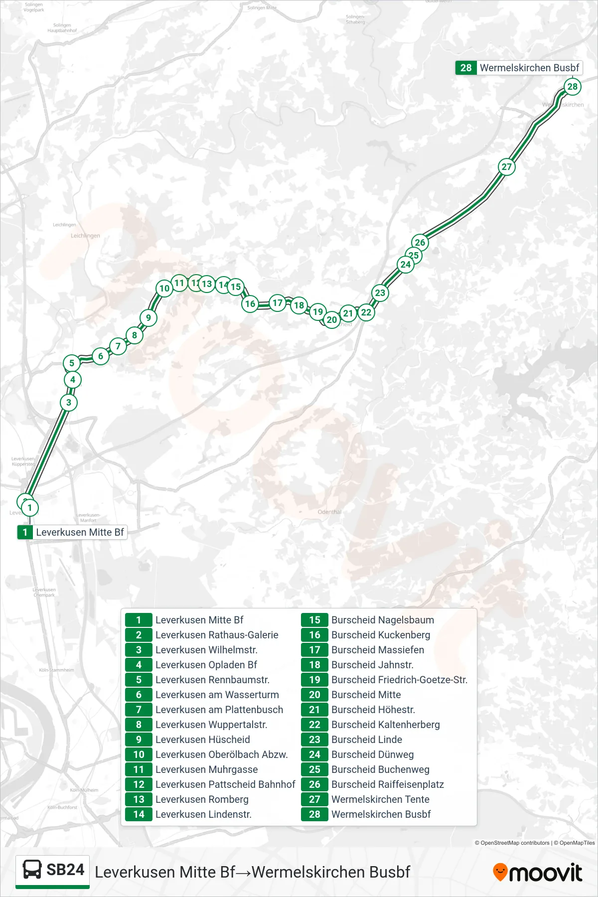 SB24 bus Line (Leverkusen Mitte Bf→Wermelskirchen Busbf) route and stops on a map