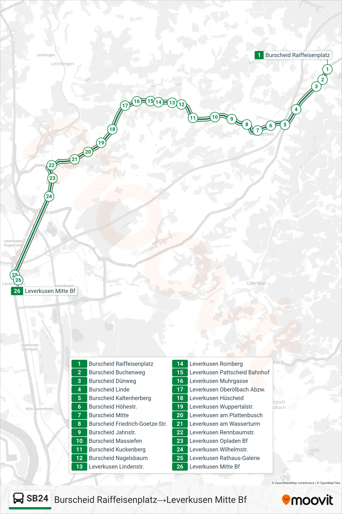 SB24 bus Line (Burscheid Raiffeisenplatz‎→Leverkusen Mitte Bf) route and stops on a map